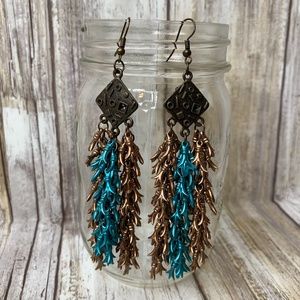 Bronze & Blue Long Dangle Chandelier Hang Earrings